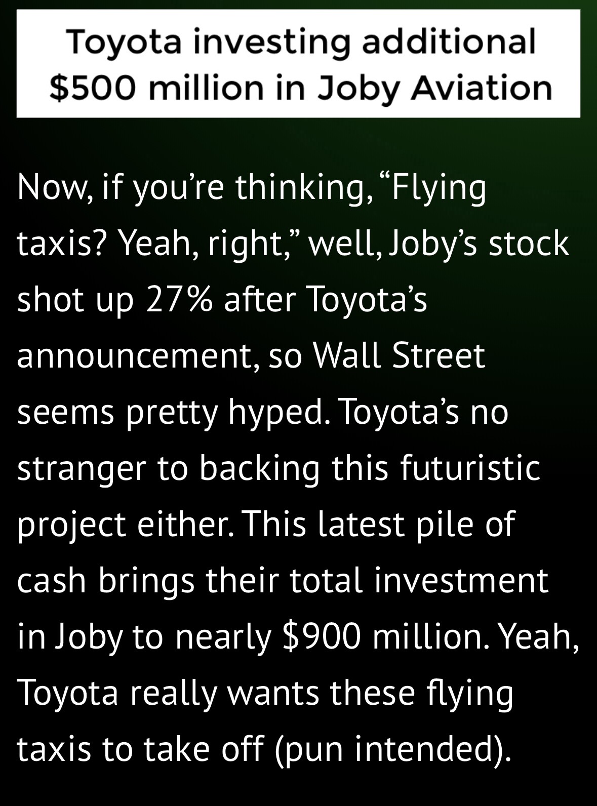 “Toyota Bets Another $500 Million on “Uber of the Skies”