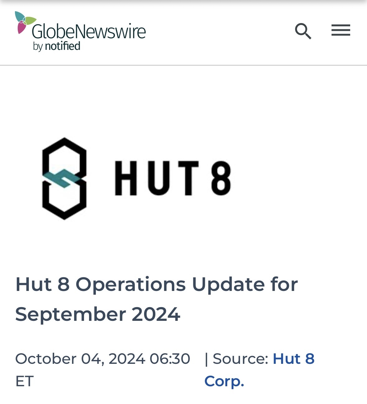 2024年9月Hut 8运营更新。