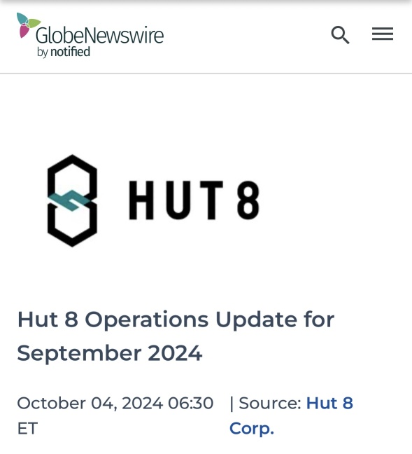 Hut 8 Operations Update for September 2024.