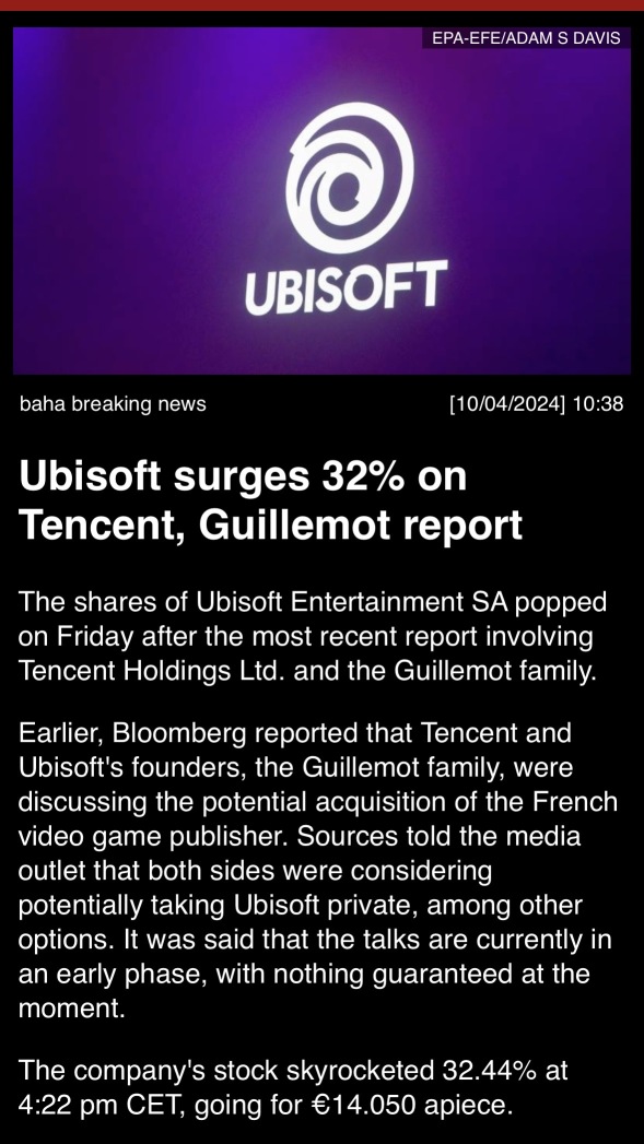 “Ubisoft surges 32% on Temcent, Guillemot report”