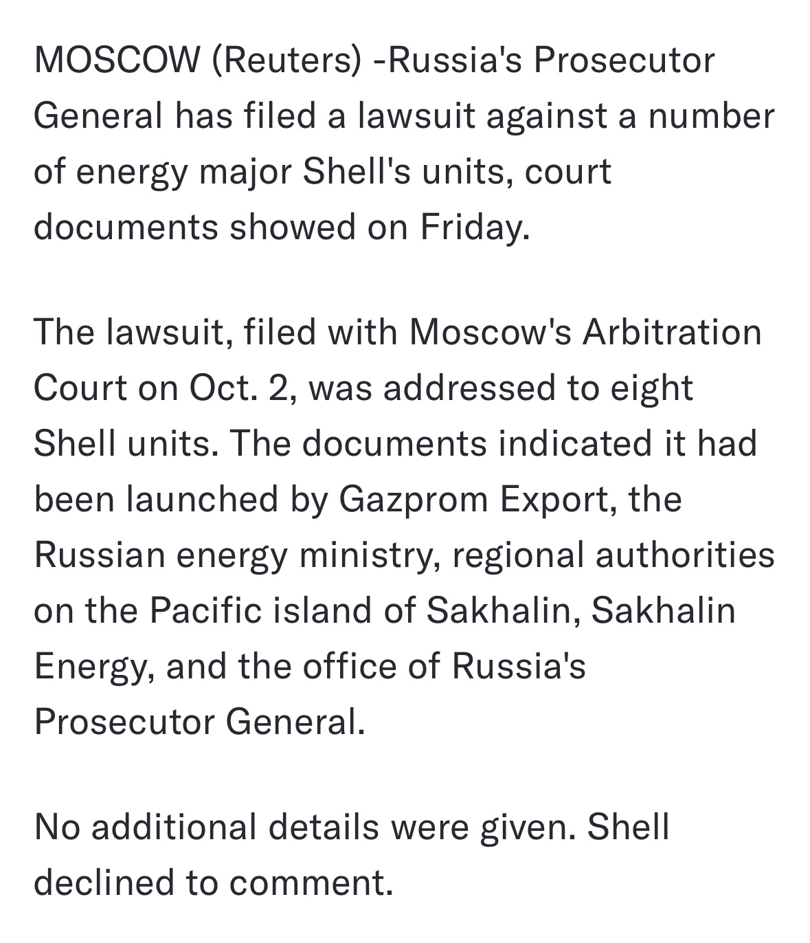 🇷🇺 🍿 “Russia files lawsuit against Shell units, court documents show”