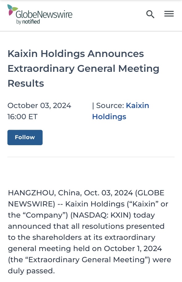 “Kaixin Holdings Announces Extraordinary General Meeting Results”