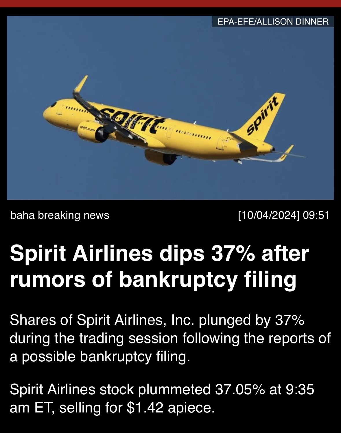 “Spirit Airlines dips 37% after rumors of bankruptcy filing”