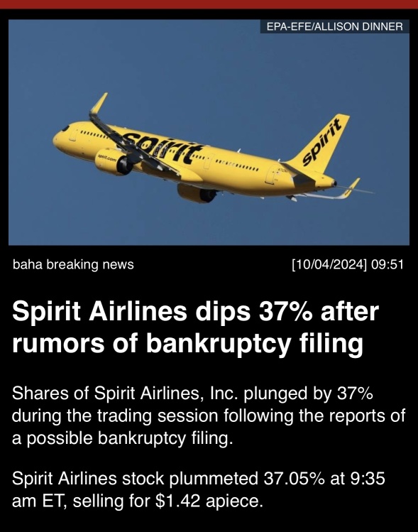 “聽聞spirit airlines破產申請傳聞後下跌了37%”