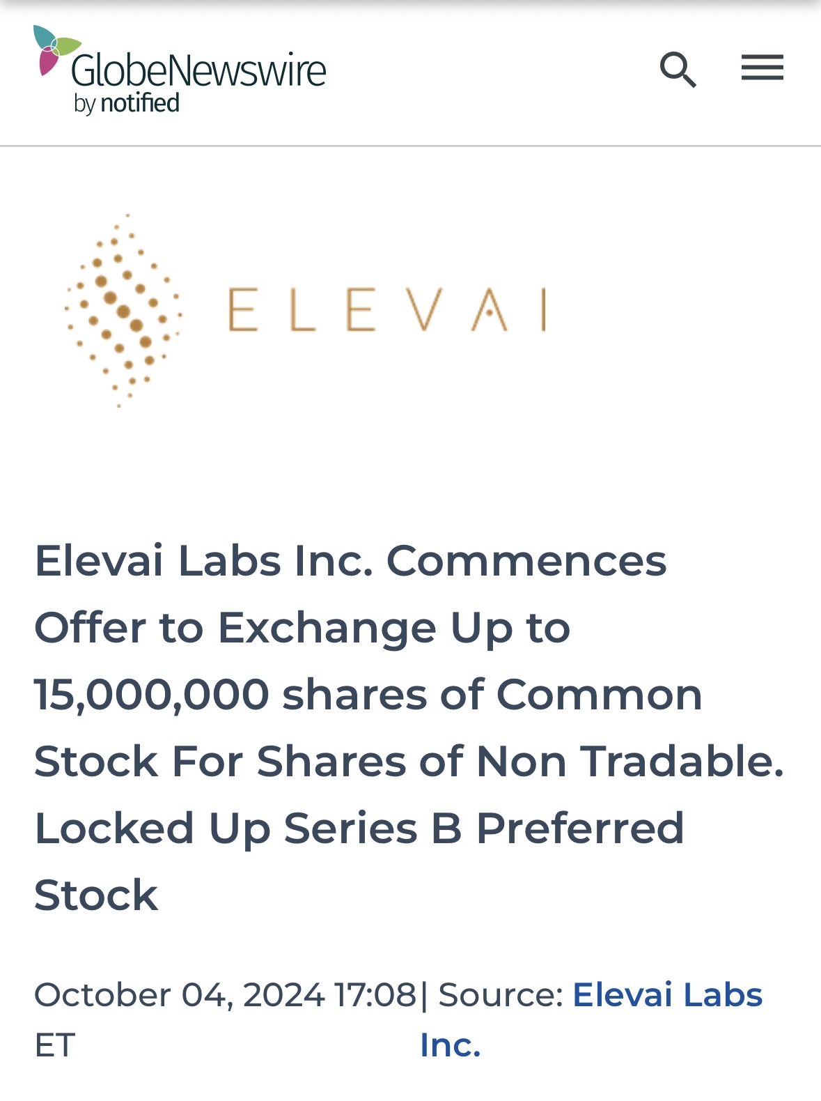 🚨🚨 “Elevai Labs Inc. Commences Offer to Exchange Up to 15,000,000 shares of Common Stock For Shares of Non-Tradable. Locked Up Series B Preferred Stock” 🚨🚨