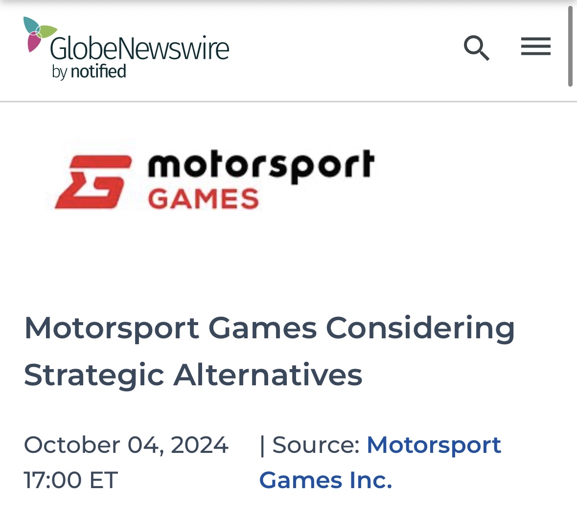 “Motorsport Games Considering Strategic Alternatives”