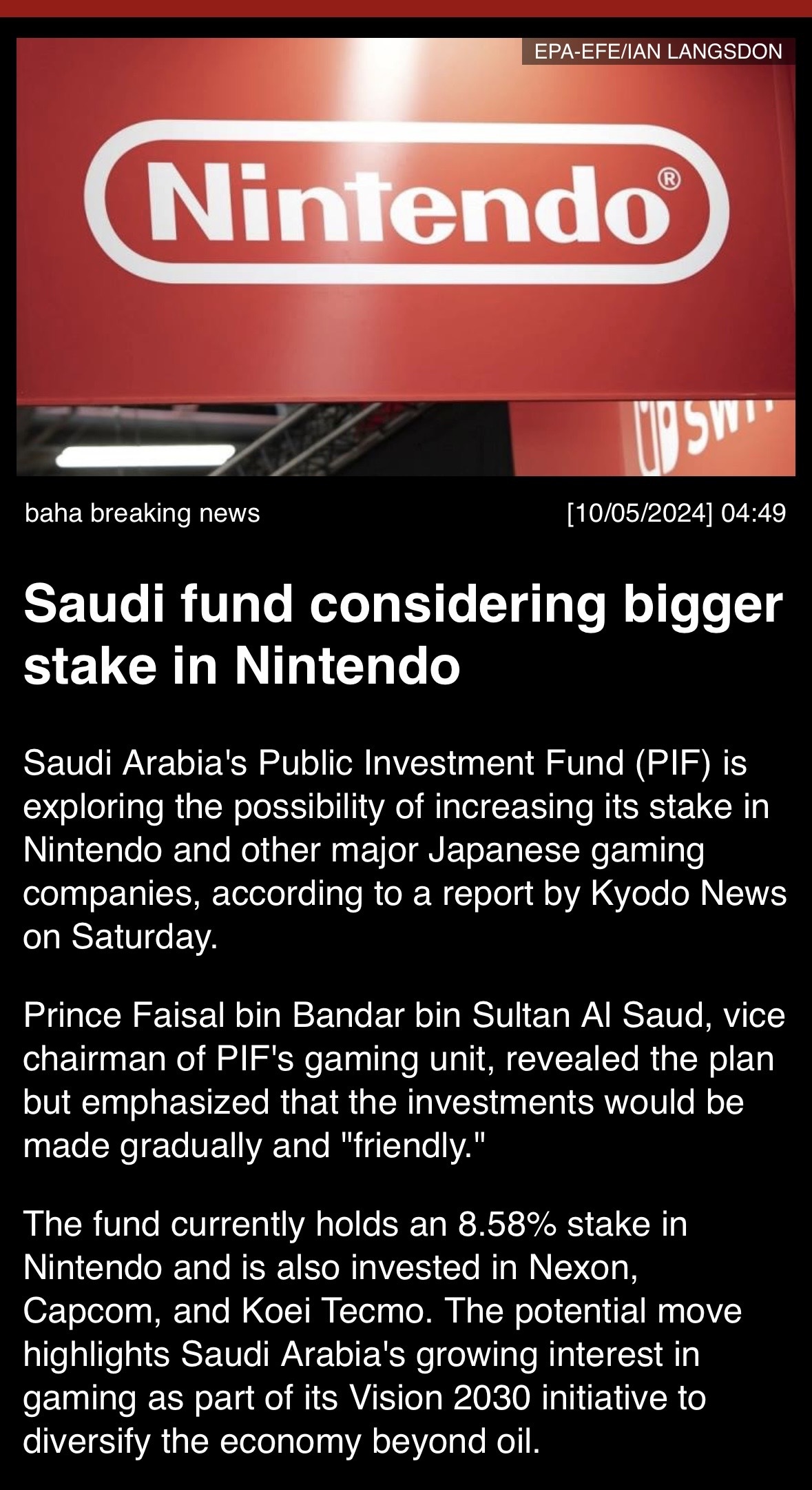 “Saudi fund considering bigger stake in Nintendo” #gamers