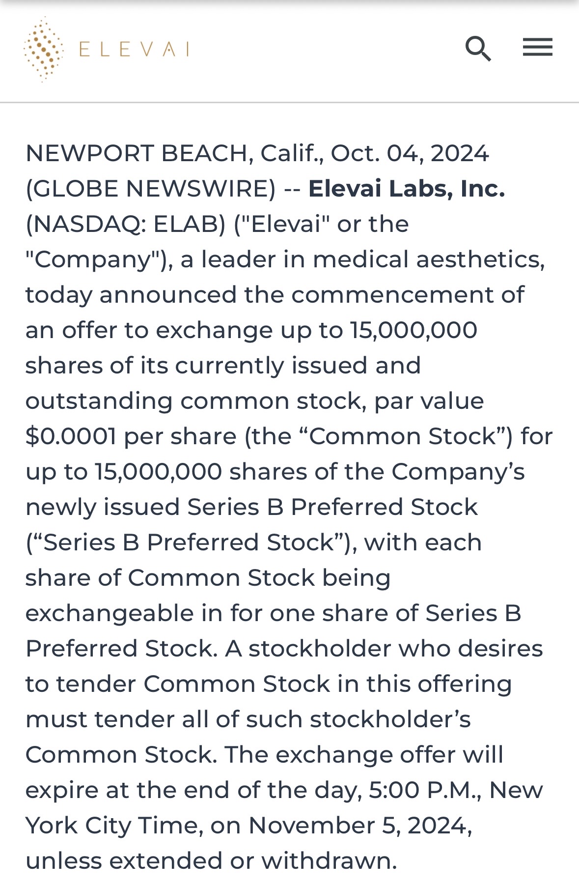 🚨🚨 “Elevai Labs Inc. Commences Offer to Exchange Up to 15,000,000 shares of Common Stock For Shares of Non-Tradable. Locked Up Series B Preferred Stock” 🚨🚨