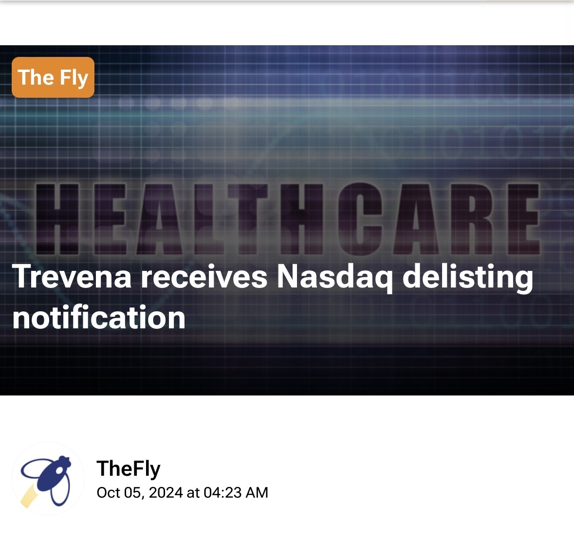 “Trevena receives Nasdaq delisting notification” 10/5/24