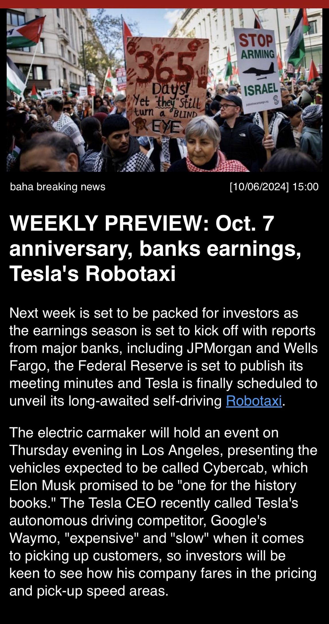 “WEEKLY PREVIEW: Oct. 7. anniversary, banks earnings, Tesla Robotaxi”