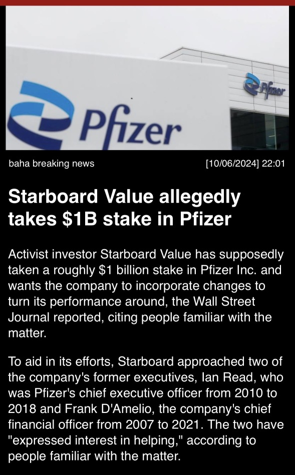 “Starboard Value allegedly takes a $1B stake in Pfizer”