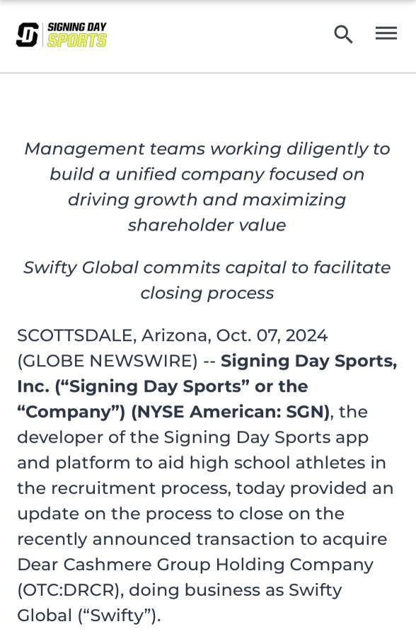 🚨 “Signing Day Sports Provides Update on Acquisition of Swifty Global”