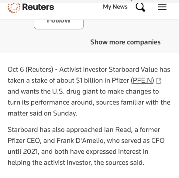 “Starboard Value allegedly takes a $1B stake in Pfizer”