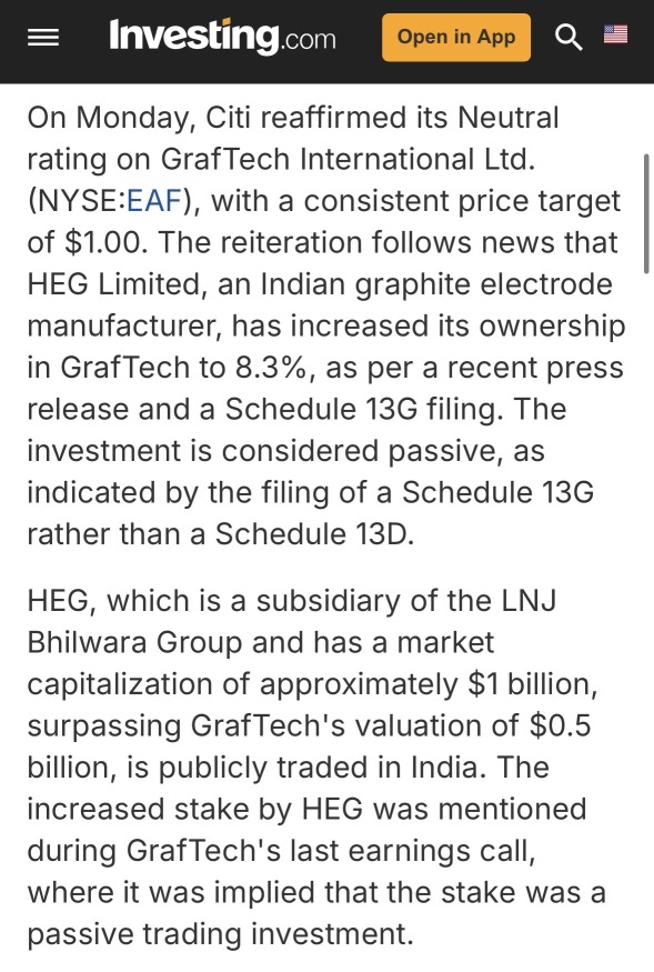 “CITI maintains Neutral stance on GrafTech, price target at $1”