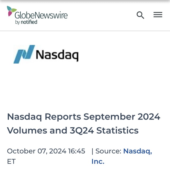 “Nasdaq Reports September 2024 Volumes and 3Q24 Statistics”