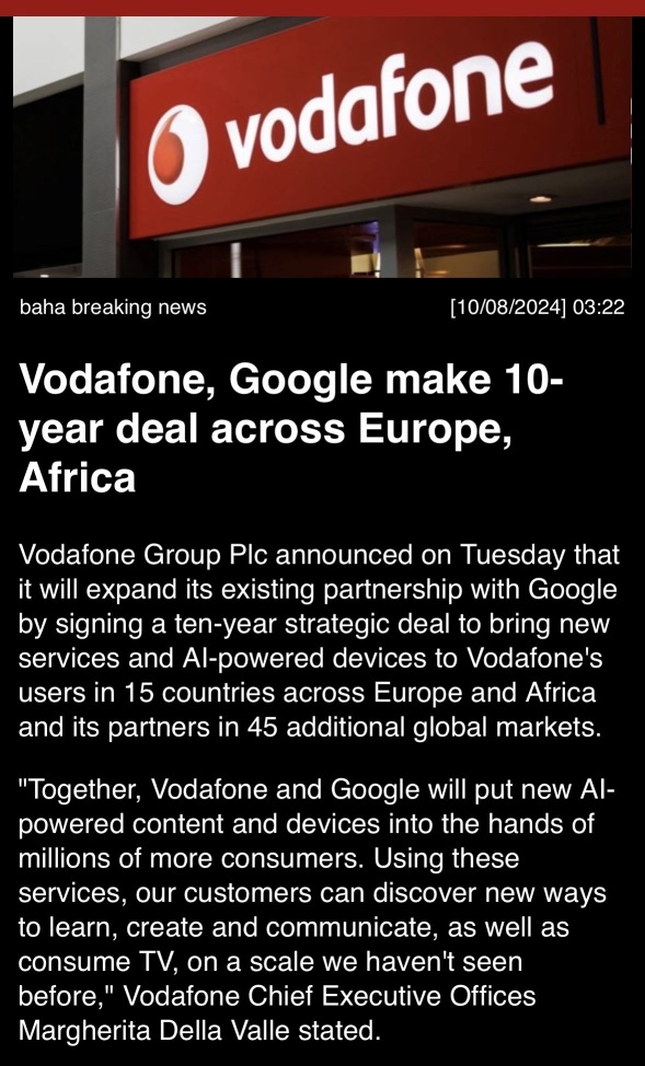 “Vodafone, Google make 10 year deal across, Europe, Africa”