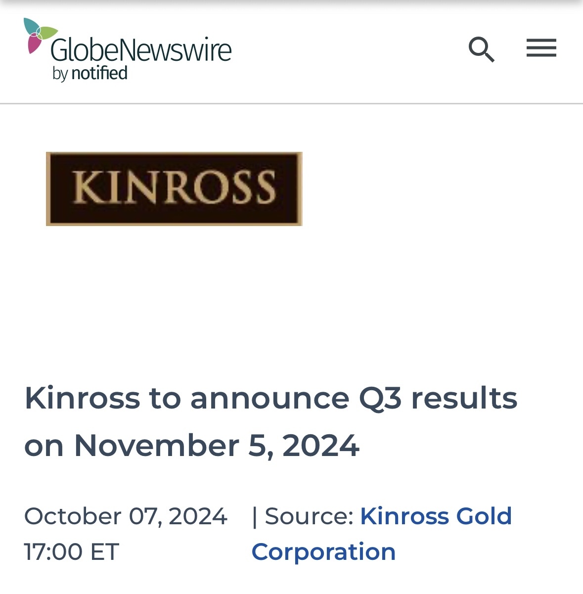 “Kinross to announce Q3 results on November 5, 2024”