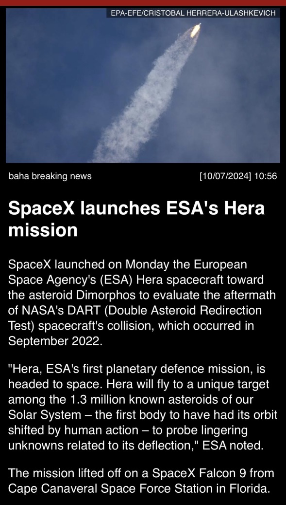 Spacex launches ESA’s Hera mission.