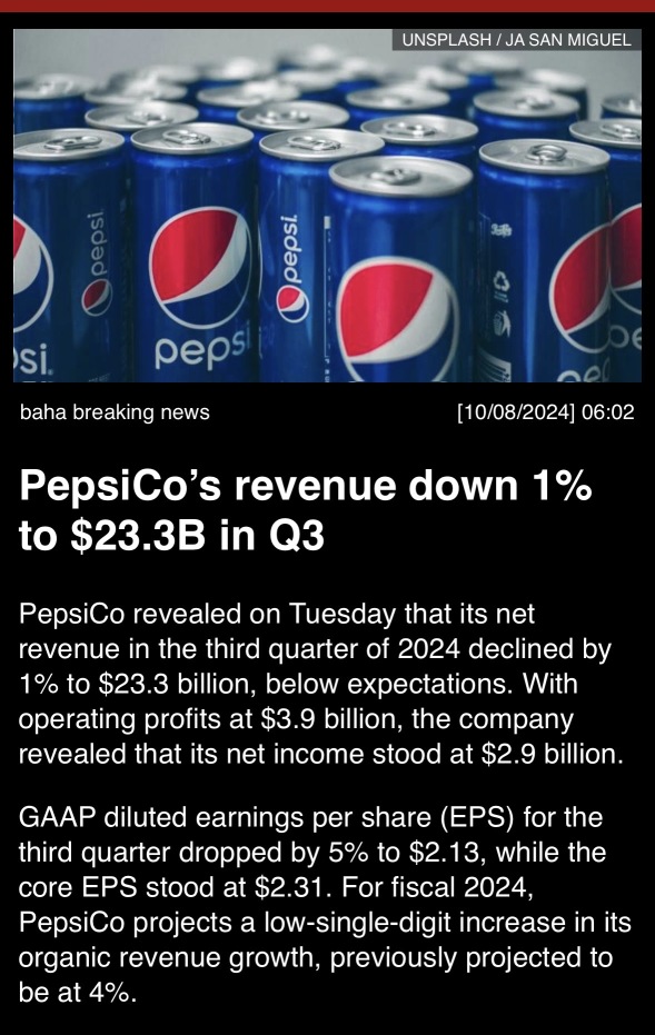 “PepsiCo’s revenue down 1% to $23.3B in Q3”