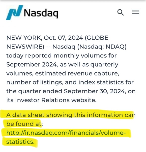 “Nasdaq Reports September 2024 Volumes and 3Q24 Statistics”