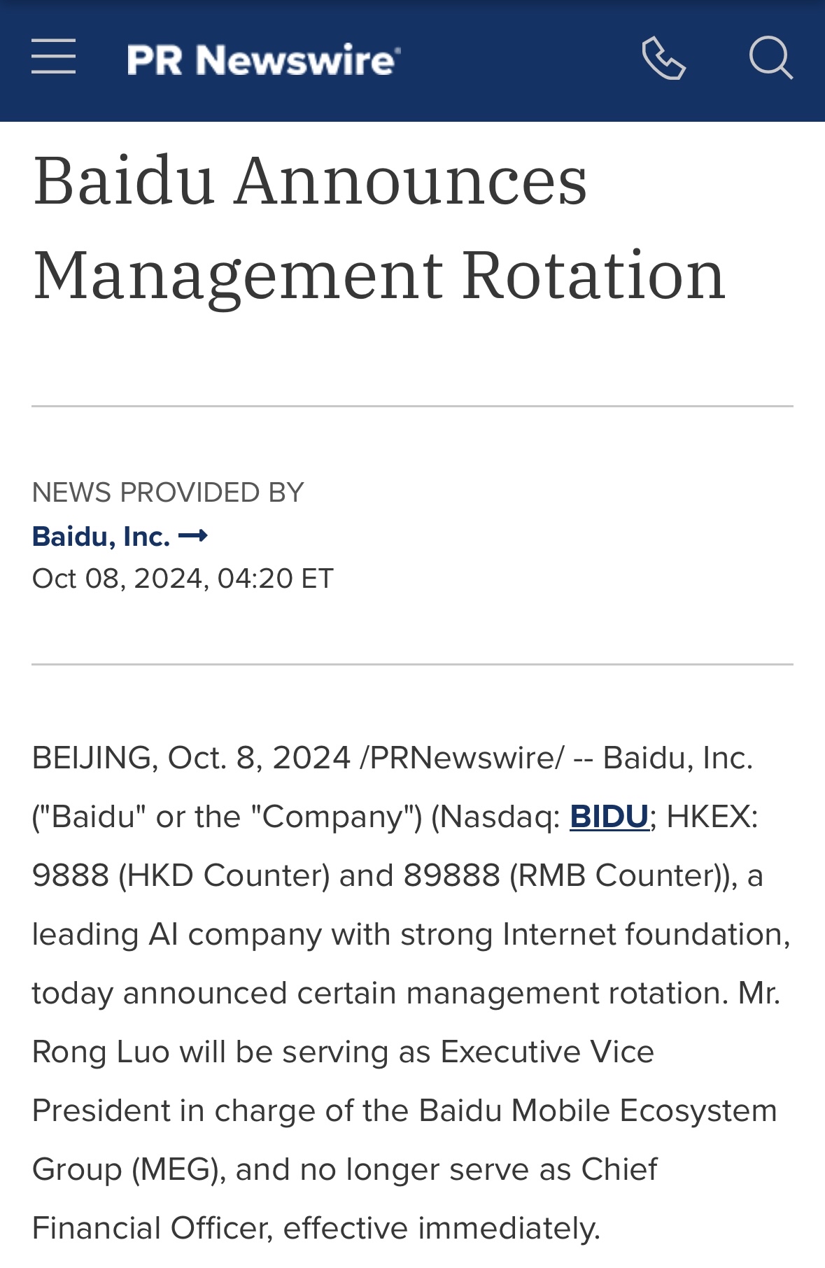 “Baidu Announces Management Rotation”