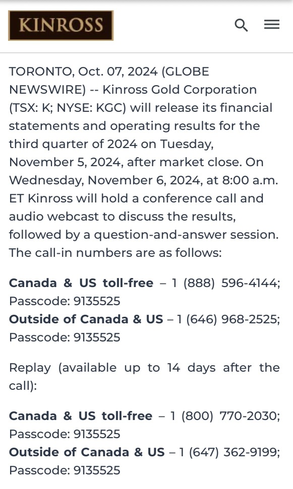 “Kinross to announce Q3 results on November 5, 2024”