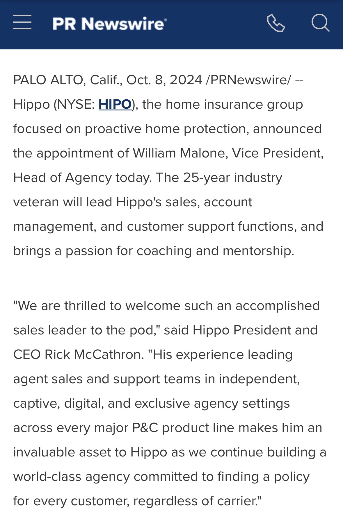 “Hippo Appoints William Malone as Vice President, Head of Agency”