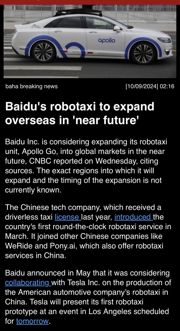 Baidu’s robotaxi to expand overseas in “near future”