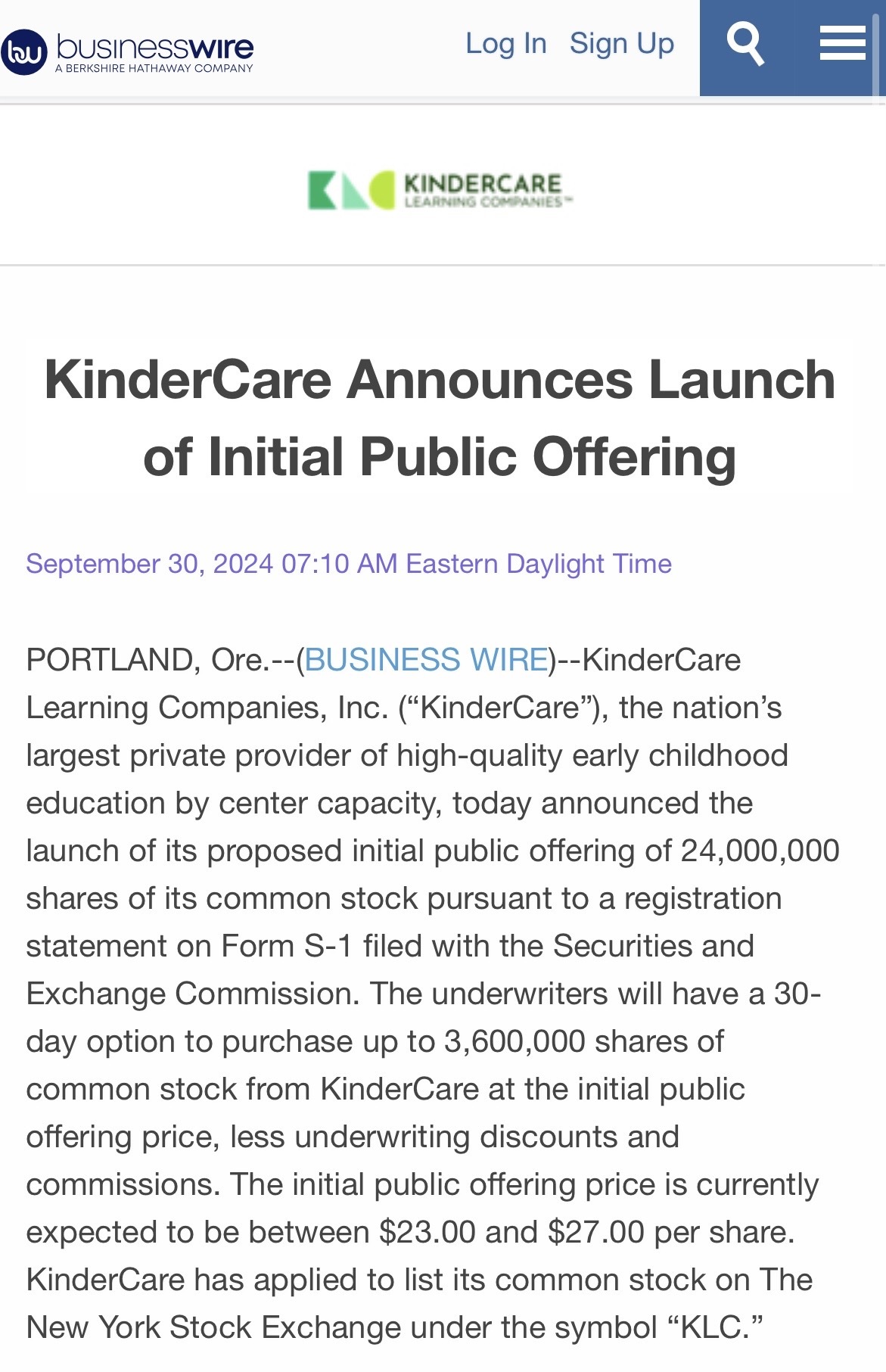 Kinder-Care Announces Launch of Initial Public Offering. Ticker symbol: KLC