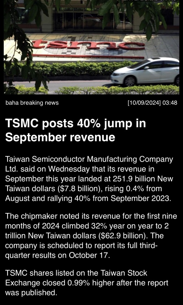 TSMCは9月の売上高が40％増加しました