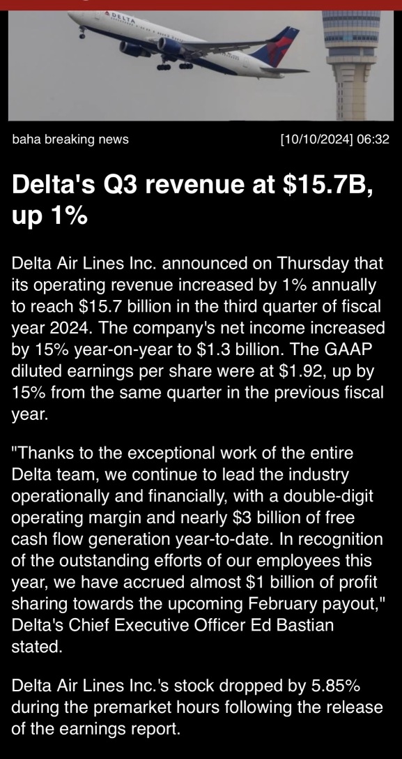 “Delta’s Q3 revenue at $15.7B, up 1%”