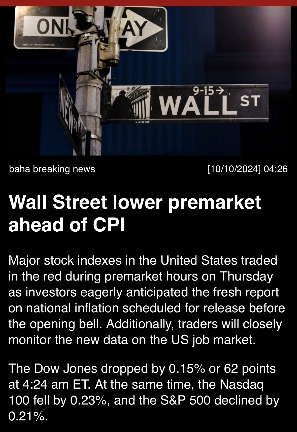 “Wall Street lower premarket ahead of CPI”