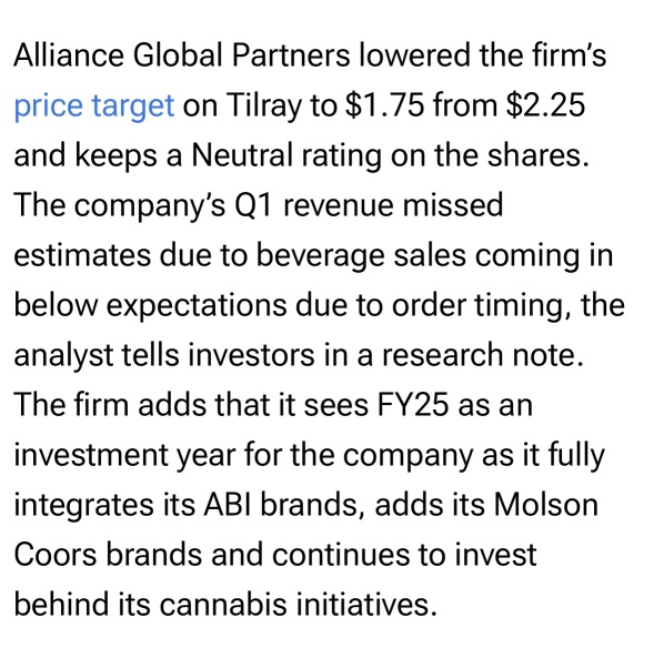 Alliance global partners將Tilray目標價從2.25美元降至1.75美元。