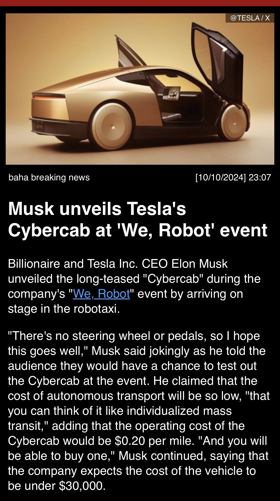 Musk unveils Tesla’s Cybercab at ‘We, Robot’ event.