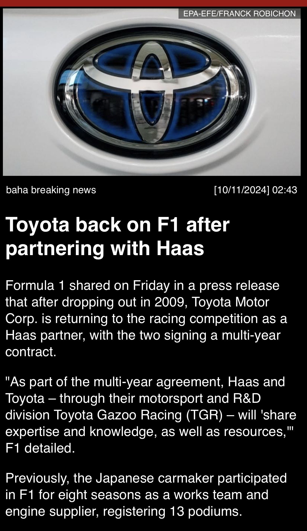 “Toyota back on F1 after partnering with Hass”