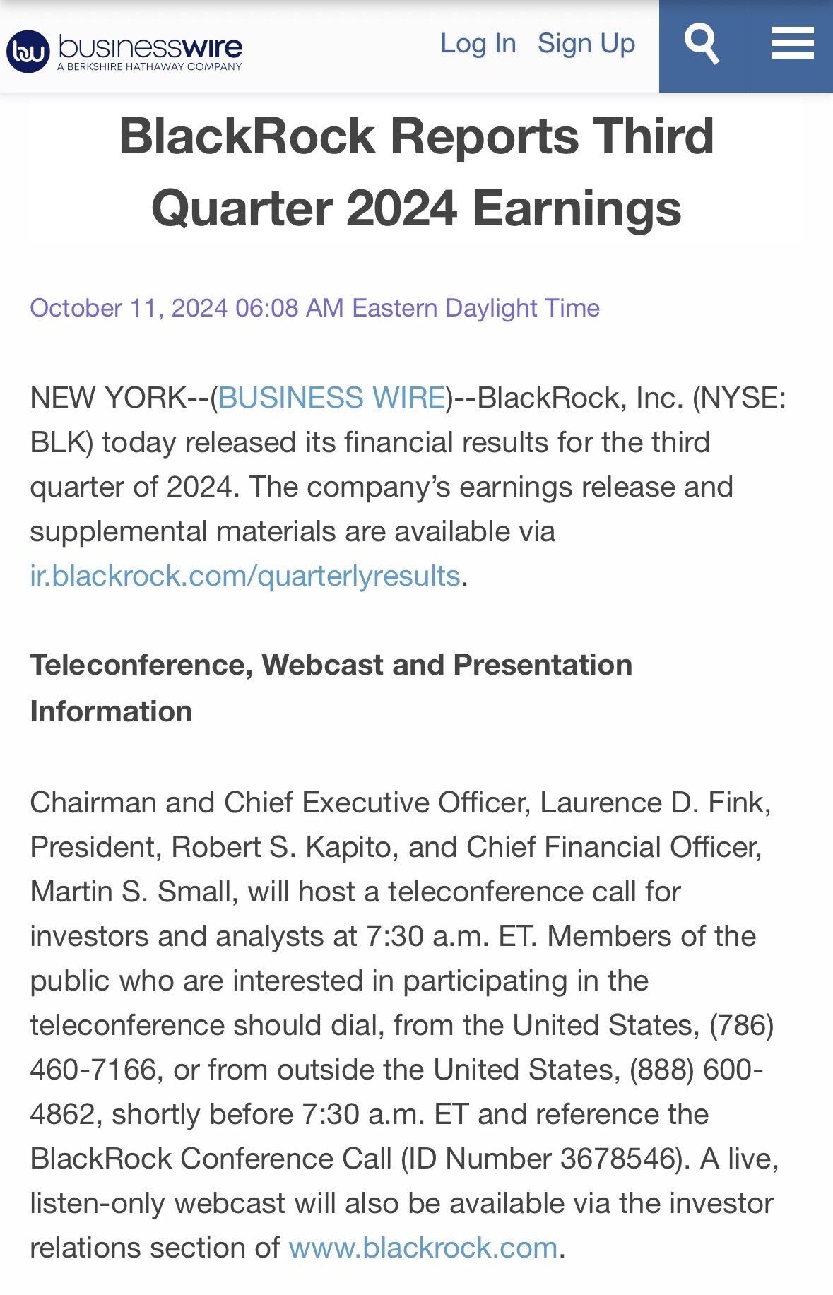 “BlackRock Reports Third Quarter 2024 Earnings”