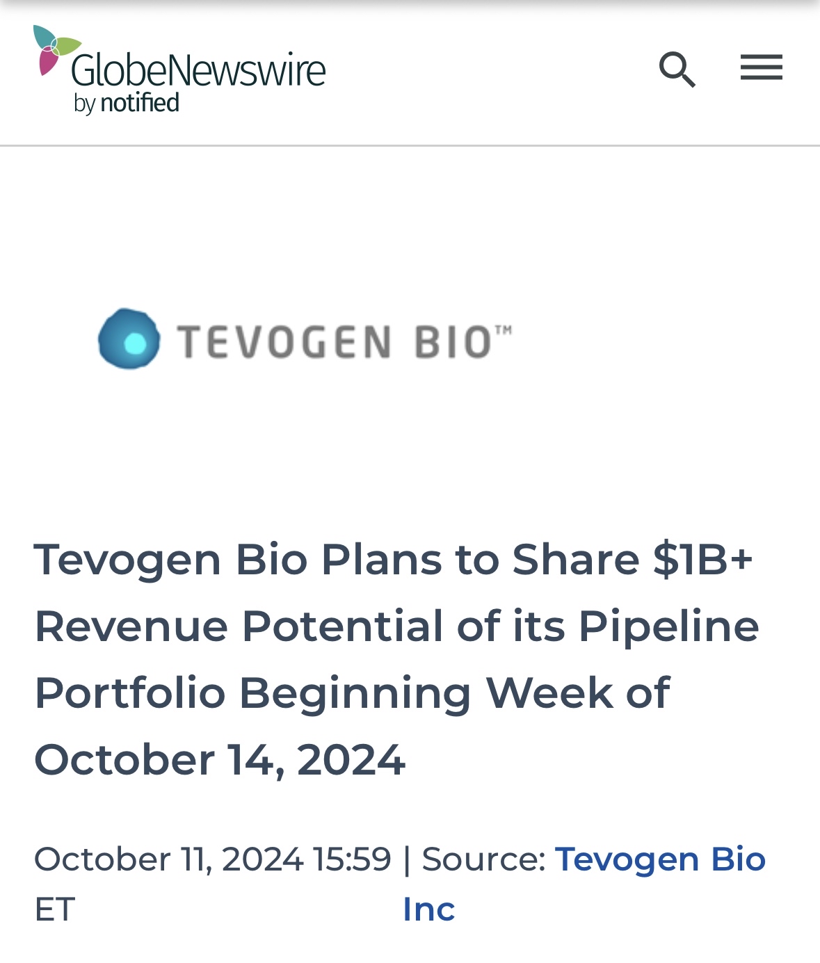 “Tevogen Bio Plans to Share $1B+ Revenue Potential of its Pipeline Portfolio Beginning Week of October 14, 2024”