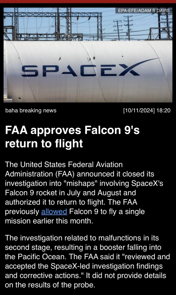 “FAA approved Falcon 9’s return to flight”