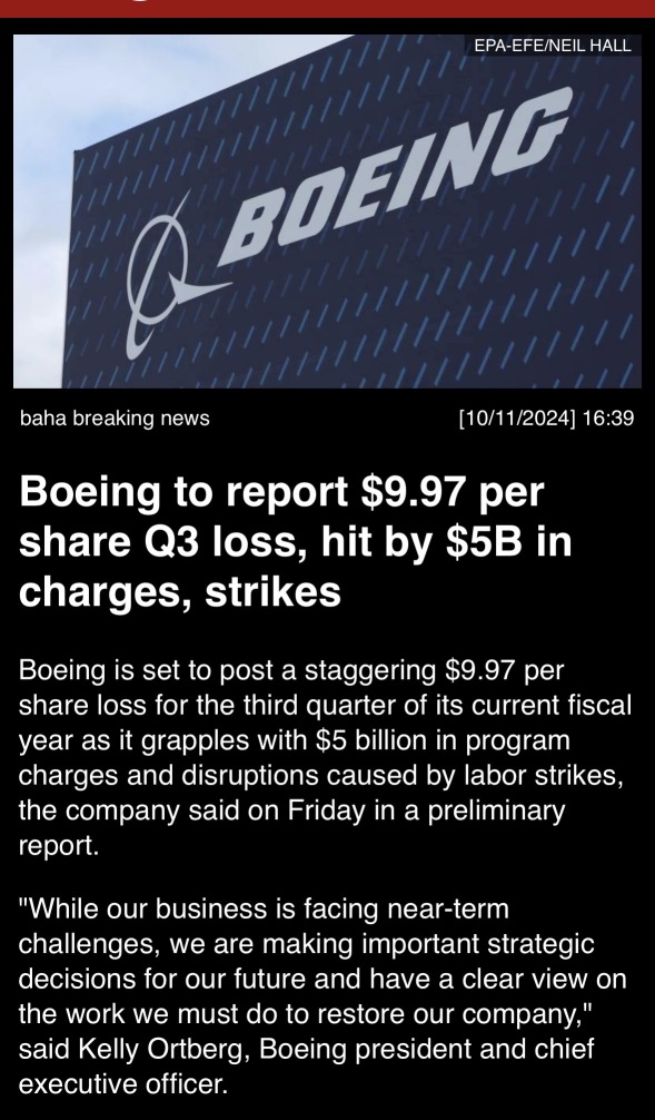 “Boeing to report $9.97 per share Q3 loss, hit by $5B in charges, strikes”