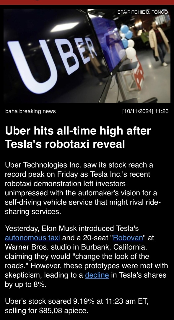 “Uber hits all-time high after Tesla’s robotaxi reveal”