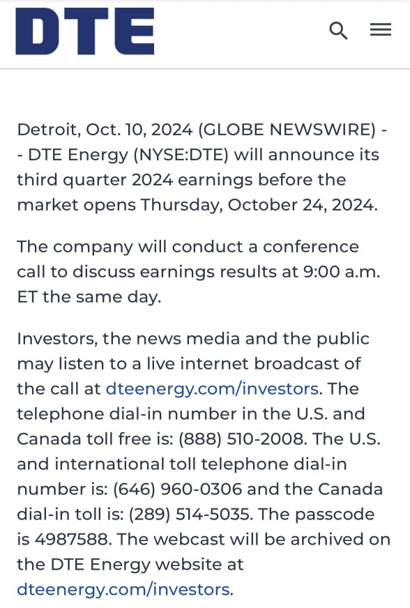 Detroit: DTE Energy schedules third quarter 2024 earnings release, conference call. ☎️