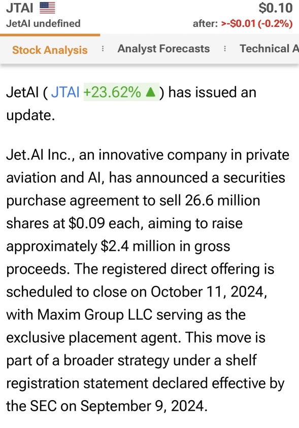 JUST RELEASED, after market close…”JetAI Launches Share Sale to Advance AI Aviation Tech”