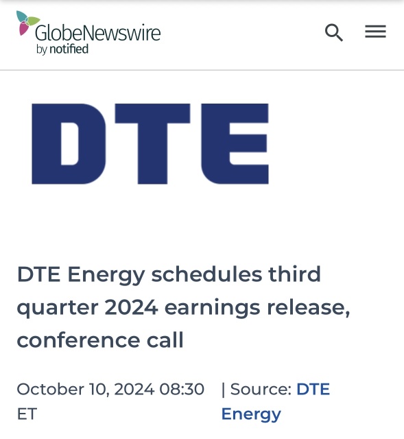 Detroit: DTE Energy schedules third quarter 2024 earnings release, conference call. ☎️