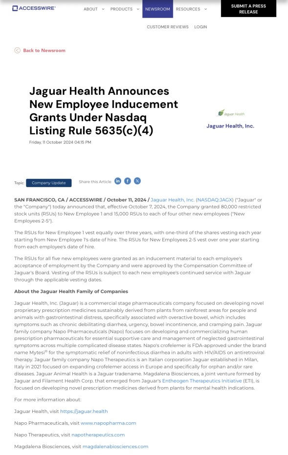 jaguar health宣布根據納斯達克上市規則5635 (c) (4)進行新員工誘因授予