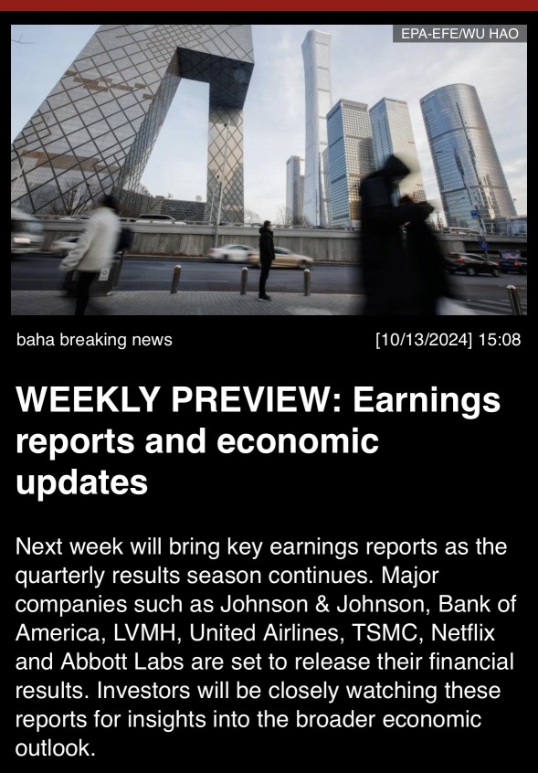 “WEEKLY PREVIEW: Earnings reports and economic update”