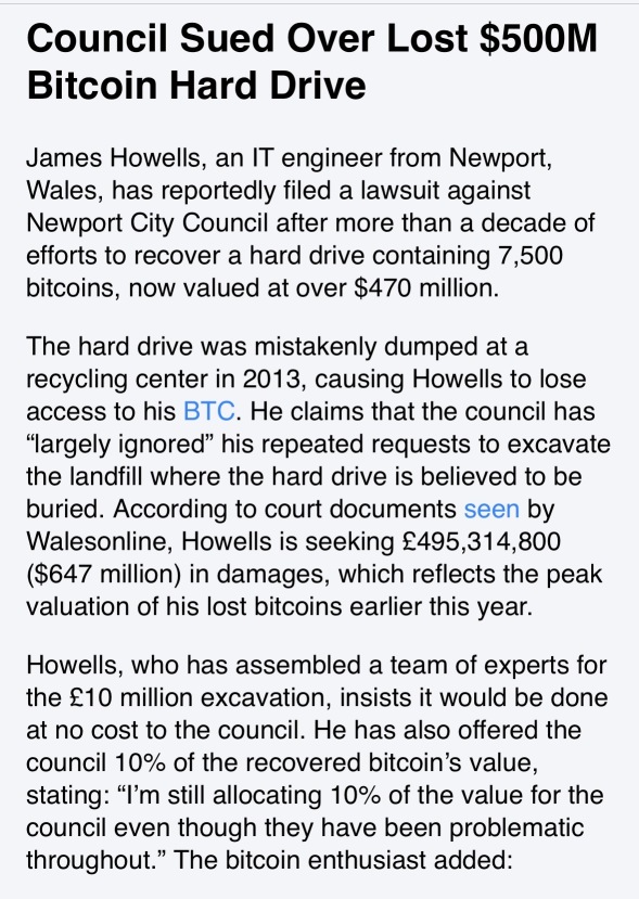 “$500M Bitcoin Buried in Landfill: Man Sues City After Decade-Long Battle for Recovery”