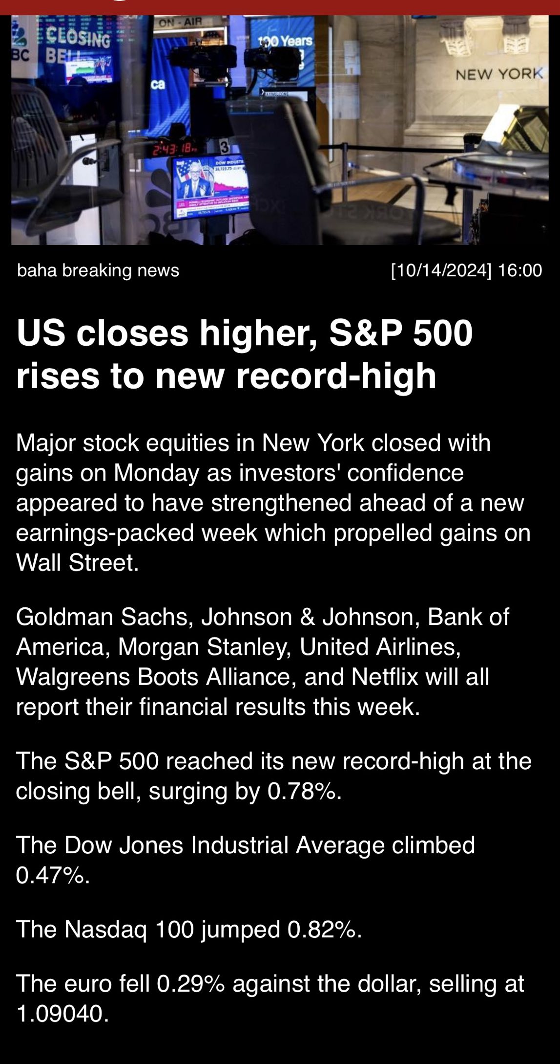 “U.S. closes higher, S&P 500 rises to new record-high”