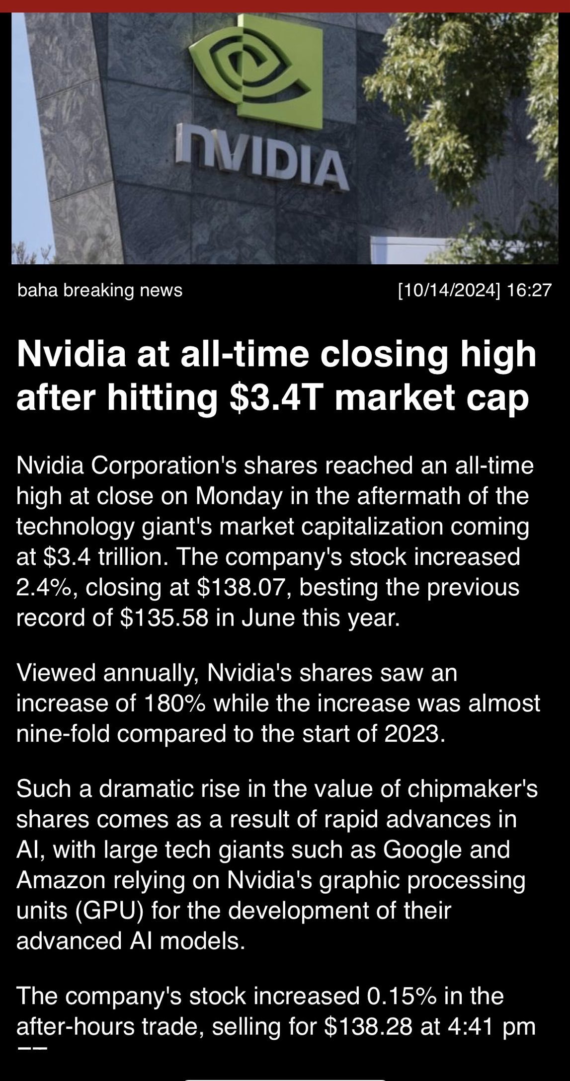 “Nvidia at all time-closing high after hitting $3.4T market cap”