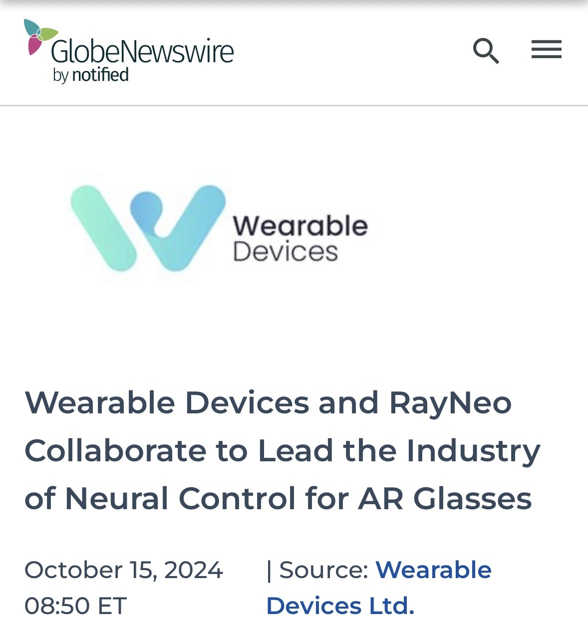 “Wearable Devices and RayNeo Collaborate to Lead Industry of Neural Control for AR Glasses”