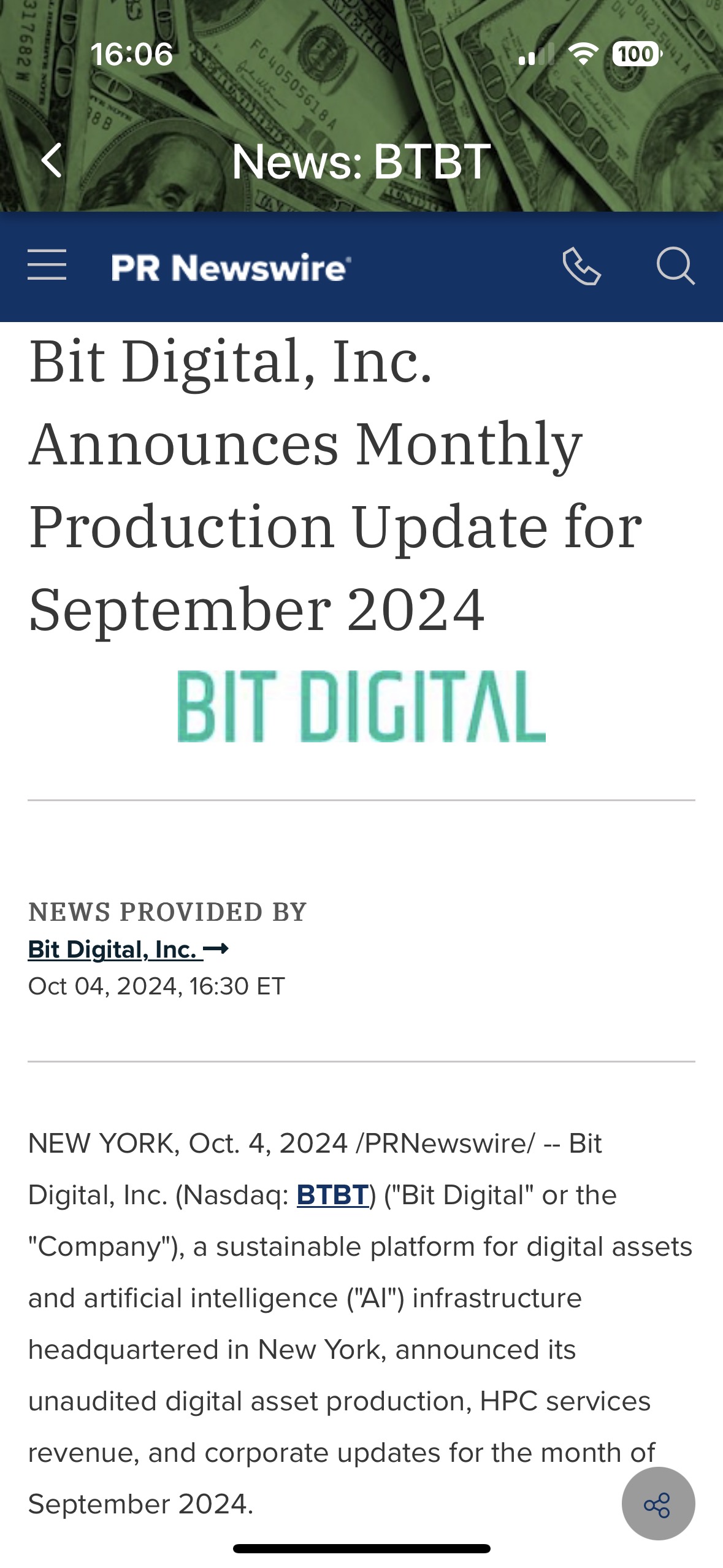 “Bit Digital, Inc. Announces Monthly Production Update for September 2024”